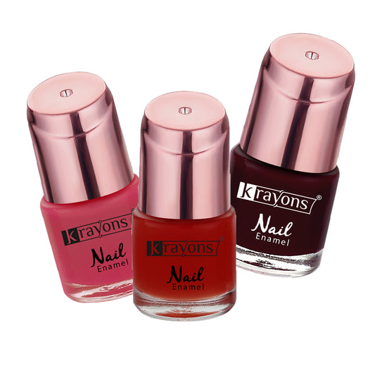 Krayons Crazy Gel Nail Enamel, Waterproof, Longlasting, 8ml Each, Multicolor, Pack of 3 (Coral Peach, Apple Red, Modern Wine)