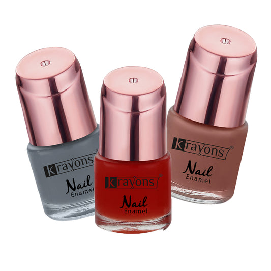 Krayons Crazy Gel Nail Enamel, Waterproof, Longlasting, 8ml Each, Multicolor, Pack of 3 (Romantic Nude, Apple Red, Charcoal Grey)