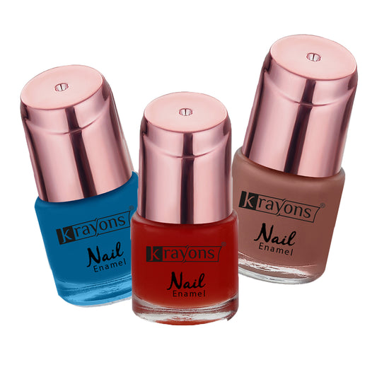 Krayons Crazy Gel Nail Enamel, Waterproof, Longlasting, 8ml Each, Multicolor, Pack of 3 (Romantic Nude, Apple Red, Blue Eyed Girl)
