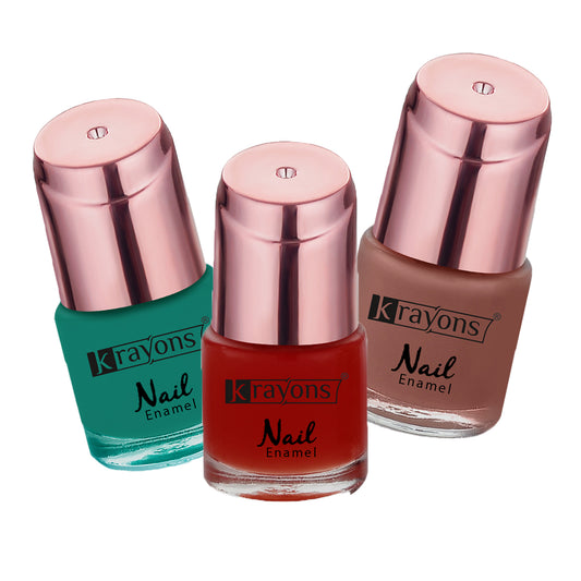 Krayons Crazy Gel Nail Enamel, Waterproof, Longlasting, 8ml Each, Multicolor, Pack of 3 (Romantic Nude, Apple Red, Diamond Green)