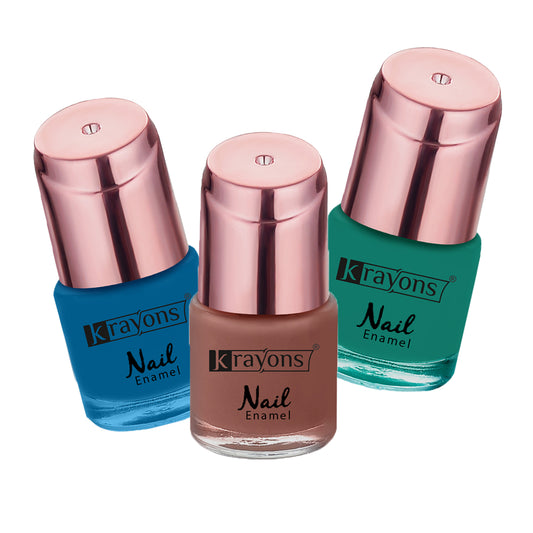 Krayons Crazy Gel Nail Enamel, Waterproof, Longlasting, 8ml Each, Multicolor, Pack of 3 (Blue Eyed Girl, Diamond Green, Romantic Nude)