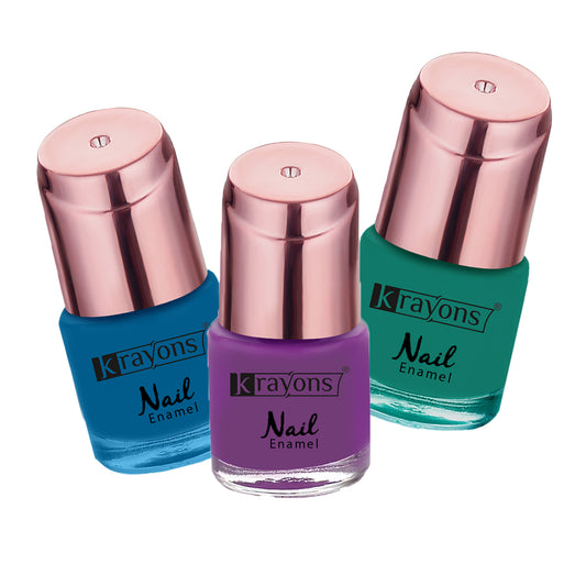 Krayons Crazy Gel Nail Enamel, Waterproof, Longlasting, 8ml Each, Multicolor, Pack of 3 (Blue Eyed Girl, Diamond Green, True Purple)