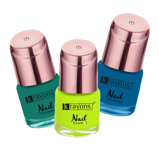 Krayons Crazy Gel Nail Enamel, Waterproof, Longlasting, 8ml Each, Multicolor, Pack of 3 (Blue Eyed Girl, Diamond Green, Neon Yellow)