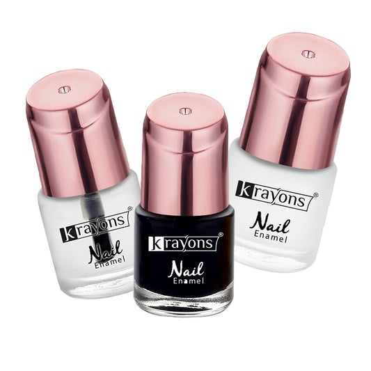 Krayons Crazy Gel Nail Enamel, Waterproof, Longlasting, 8ml Each, Multicolor, Pack of 3 (Top Coat, White Snow, Black Shadow)