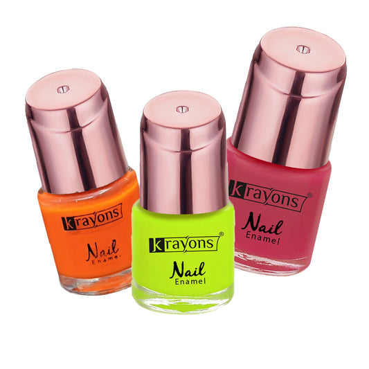 Krayons Crazy Gel Nail Enamel, Waterproof, Longlasting, 8ml Each, Multicolor, Pack of 3 (Neon Orange, Neon Yellow, Coral Peach)