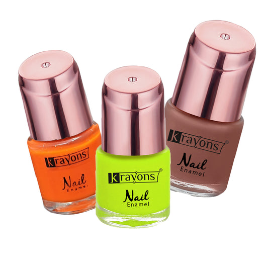 Krayons Crazy Gel Nail Enamel, Waterproof, Longlasting, 8ml Each, Multicolor, Pack of 3 (Neon Orange, Neon Yellow, Romantic Nude)