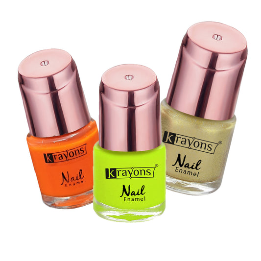 Krayons Crazy Gel Nail Enamel, Waterproof, Longlasting, 8ml Each, Multicolor, Pack of 3 (Neon Orange, Neon Yellow, Golden Treasure)