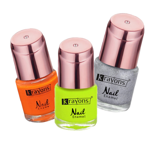 Krayons Crazy Gel Nail Enamel, Waterproof, Longlasting, 8ml Each, Multicolor, Pack of 3 (Neon Orange, Neon Yellow, Silver Glitter)