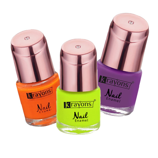 Krayons Crazy Gel Nail Enamel, Waterproof, Longlasting, 8ml Each, Multicolor, Pack of 3 (Neon Orange, Neon Yellow, True Purple)