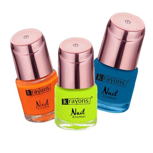 Krayons Crazy Gel Nail Enamel, Waterproof, Longlasting, 8ml Each, Multicolor, Pack of 3 (Neon Orange, Neon Yellow, Blue Eyed Girl)