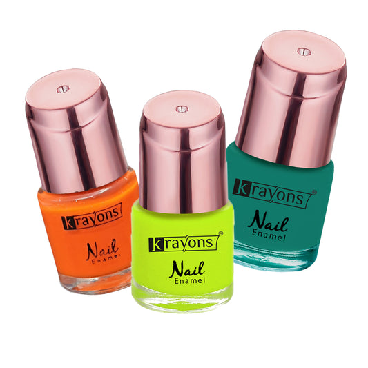 Krayons Crazy Gel Nail Enamel, Waterproof, Longlasting, 8ml Each, Multicolor, Pack of 3 (Neon Orange, Neon Yellow, Diamond Green)