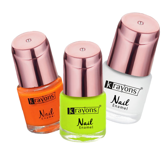Krayons Crazy Gel Nail Enamel, Waterproof, Longlasting, 8ml Each, Multicolor, Pack of 3 (Neon Orange, Neon Yellow, White Snow)