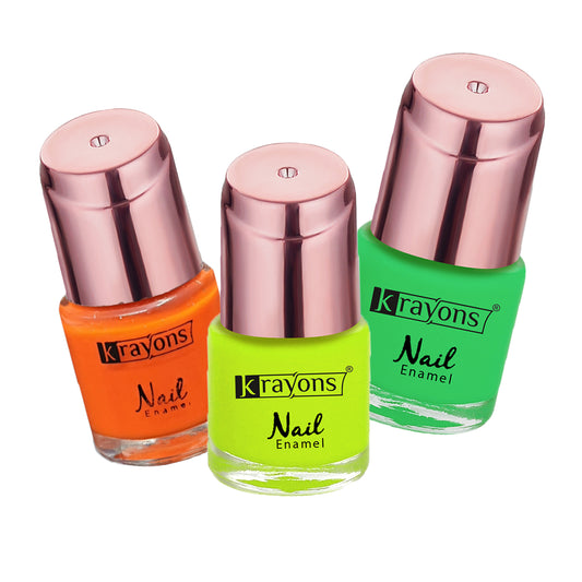 Krayons Crazy Gel Nail Enamel, Waterproof, Longlasting, 8ml Each, Multicolor, Pack of 3 (Neon Orange, Neon Yellow, Neon Green)
