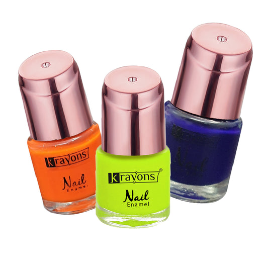 Krayons Crazy Gel Nail Enamel, Waterproof, Longlasting, 8ml Each, Multicolor, Pack of 3 (Neon Orange, Neon Yellow, Deep Blue)