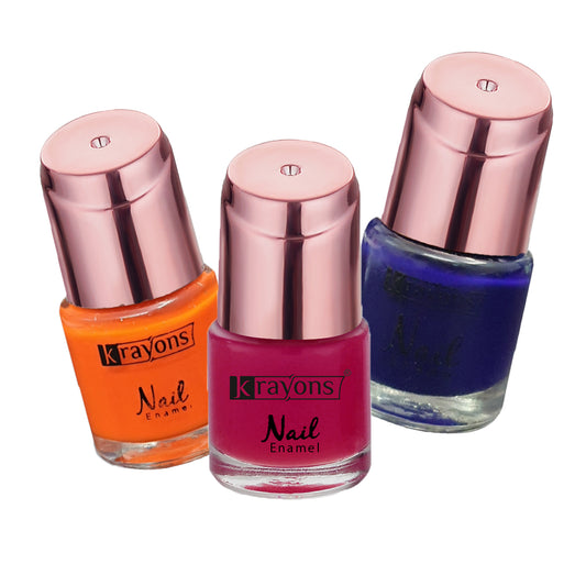 Krayons Crazy Gel Nail Enamel, Waterproof, Longlasting, 8ml Each, Multicolor, Pack of 3 (Neon Orange, Deep Blue, Pearl Pink)