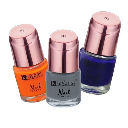 Krayons Crazy Gel Nail Enamel, Waterproof, Longlasting, 8ml Each, Multicolor, Pack of 3 (Neon Orange, Deep Blue, Charcoal Grey)