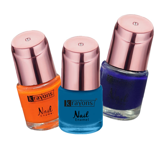 Krayons Crazy Gel Nail Enamel, Waterproof, Longlasting, 8ml Each, Multicolor, Pack of 3 (Neon Orange, Deep Blue, Blue Eyed Girl)