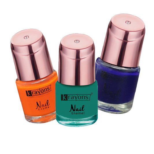 Krayons Crazy Gel Nail Enamel, Waterproof, Longlasting, 8ml Each, Multicolor, Pack of 3 (Neon Orange, Deep Blue, Diamond Green)