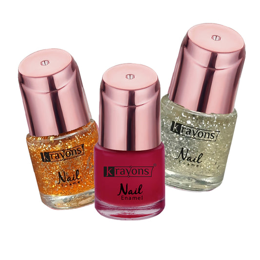 Krayons Crazy Gel Nail Enamel, Waterproof, Longlasting, 8ml Each, Multicolor, Pack of 3 (Shimmer Golden, Shimmer Silver, Red Rose)
