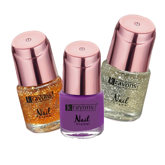 Krayons Crazy Gel Nail Enamel, Waterproof, Longlasting, 8ml Each, Multicolor, Pack of 3 (Shimmer Golden, Shimmer Silver, True Purple)