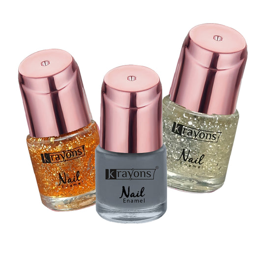 Krayons Crazy Gel Nail Enamel, Waterproof, Longlasting, 8ml Each, Multicolor, Pack of 3 (Shimmer Golden, Shimmer Silver, Charcoal Grey)