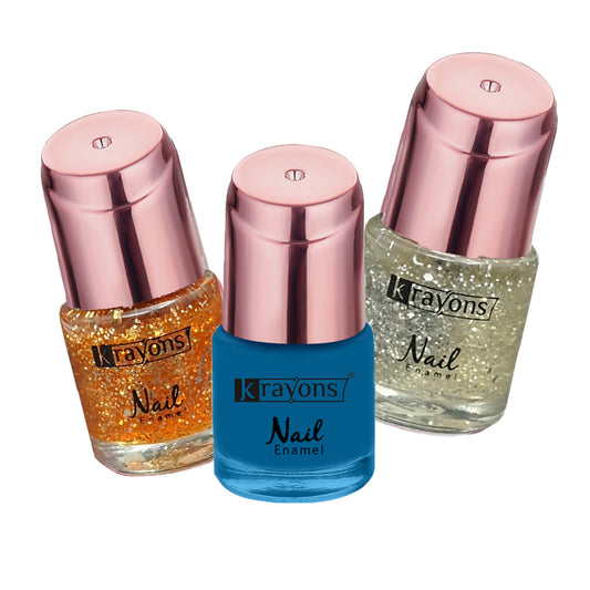 Krayons Crazy Gel Nail Enamel, Waterproof, Longlasting, 8ml Each, Multicolor, Pack of 3 (Shimmer Golden, Shimmer Silver, Blue Eyed Girl)