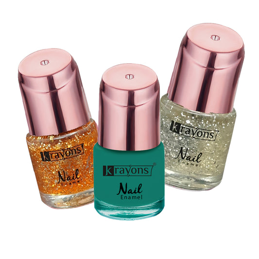 Krayons Crazy Gel Nail Enamel, Waterproof, Longlasting, 8ml Each, Multicolor, Pack of 3 (Shimmer Golden, Shimmer Silver, Diamond Green)