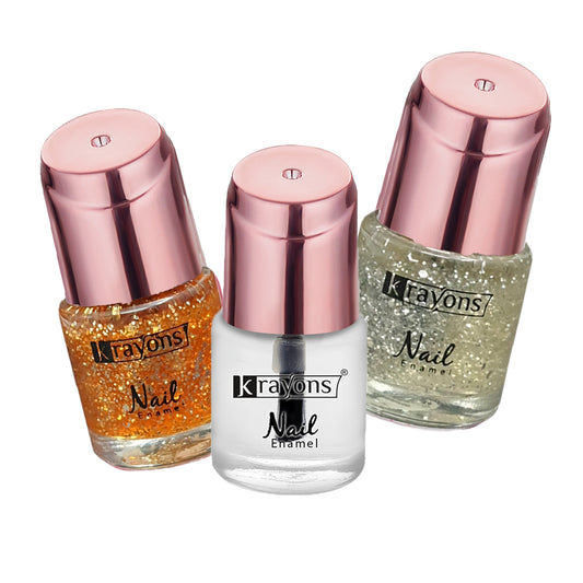Krayons Crazy Gel Nail Enamel, Waterproof, Longlasting, 8ml Each, Multicolor, Pack of 3 (Shimmer Golden, Shimmer Silver, Top Coat)