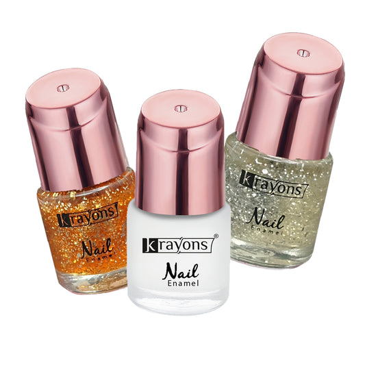 Krayons Crazy Gel Nail Enamel, Waterproof, Longlasting, 8ml Each, Multicolor, Pack of 3 (Shimmer Golden, Shimmer Silver, White Snow)