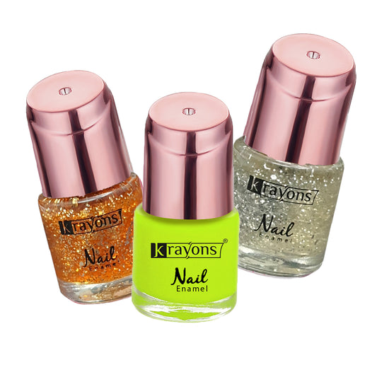 Krayons Crazy Gel Nail Enamel, Waterproof, Longlasting, 8ml Each, Multicolor, Pack of 3 (Shimmer Golden, Shimmer Silver, Neon Yellow)