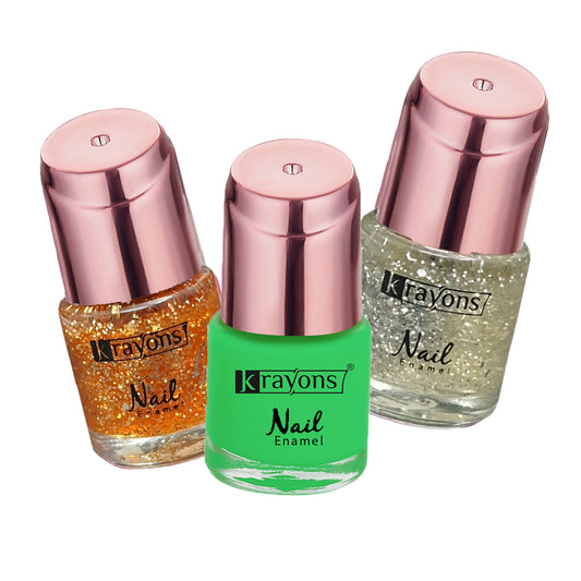 Krayons Crazy Gel Nail Enamel, Waterproof, Longlasting, 8ml Each, Multicolor, Pack of 3 (Shimmer Golden, Shimmer Silver, Neon Green)