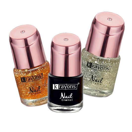 Krayons Crazy Gel Nail Enamel, Waterproof, Longlasting, 8ml Each, Multicolor, Pack of 3 (Shimmer Golden, Shimmer Silver, Black Shadow)