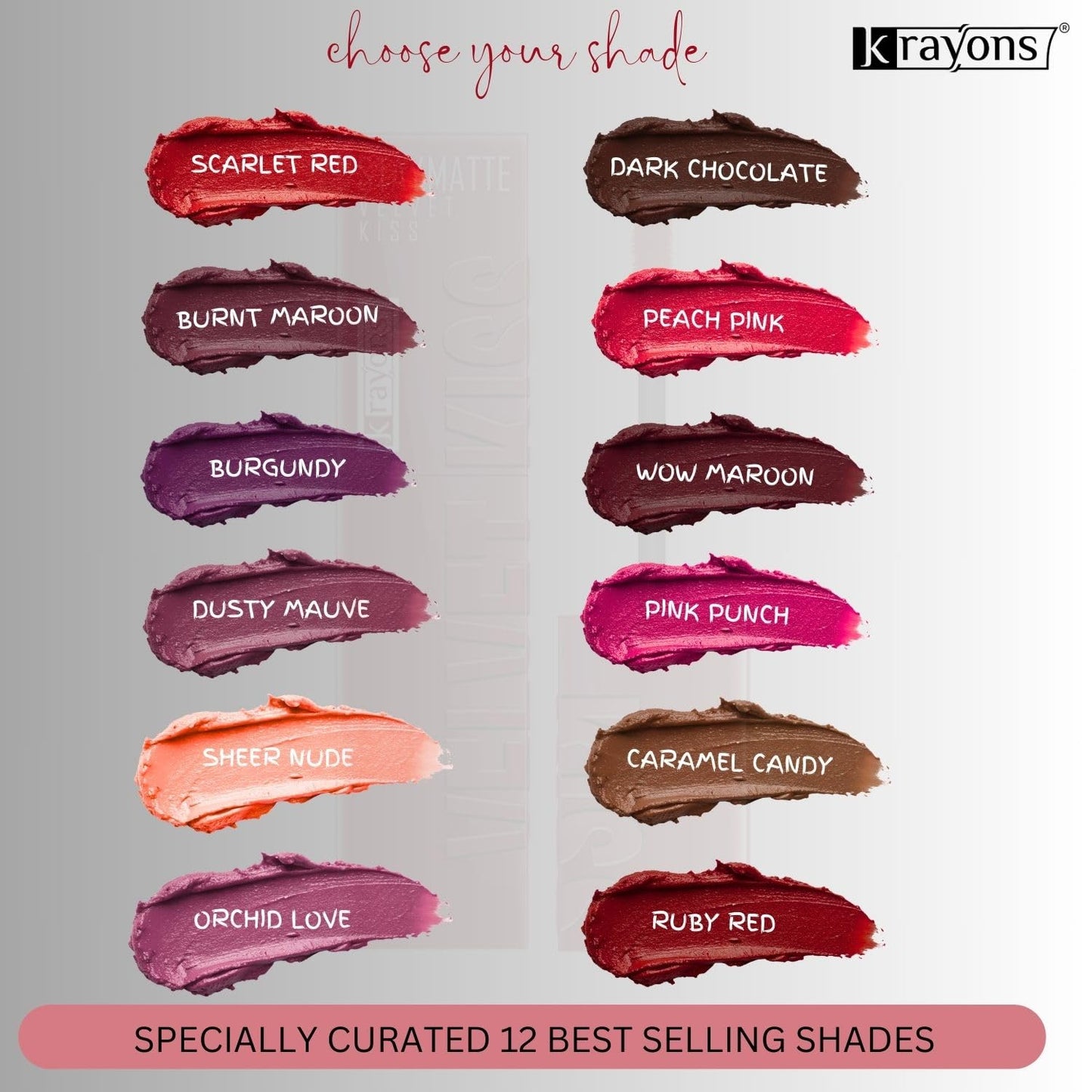 Krayons Velvet Kiss Liquid Lipstick |12hrs long stay|Intense Color Payoff | Weightless Matte Finish | Smudgeproof & Transferproof Lipstick for Women,Lipstick | Scarlet Red,Burnt Maroon,Burgundy,Dark Chocolate,Peach Pink,Wow Maroon, 21ml- PACK OF 6