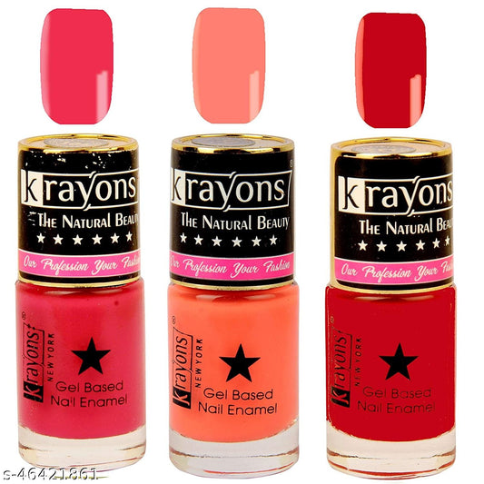 Krayons Gel Base Glossy Effect Nail Polish, Waterproof, Longlasting, Twilight Pink, Coral Peach, Signal Red, 6ml Each (Pack of 3)