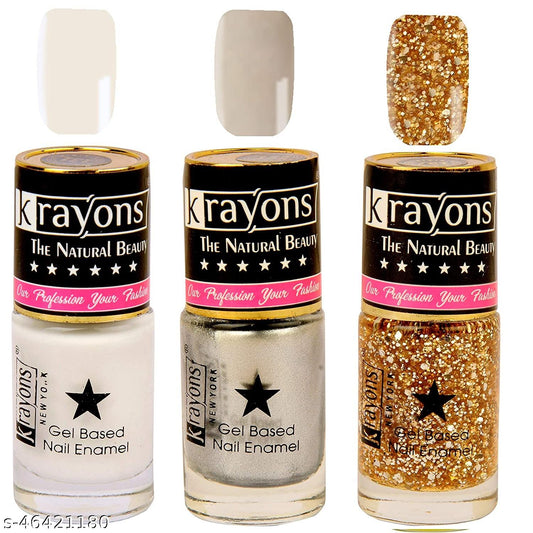 Krayons Gel Base Glossy Effect Nail Polish, Waterproof, Longlasting, White Canvas, Silver Grey, Shimmer Golden, 6ml Each (Pack of 3)