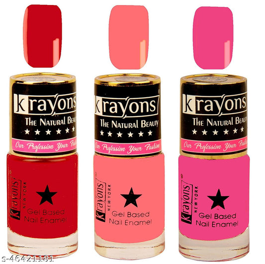 Krayons Gel Base Glossy Effect Nail Polish, Waterproof, Longlasting, Signal Red, Sunset Orange, Angel Pink, 6ml Each (Pack of 3)