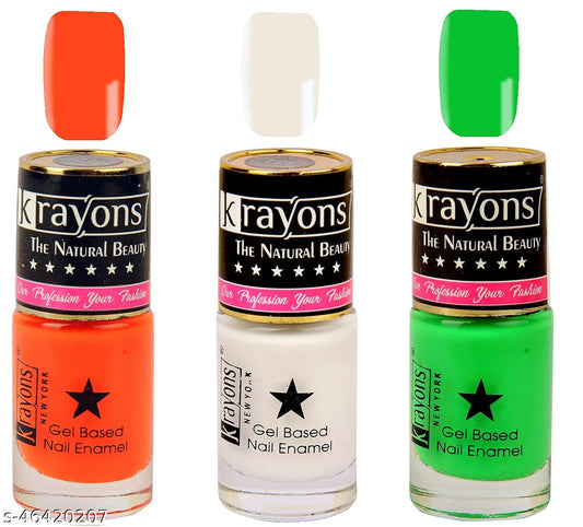 Krayons Gel Base Glossy Effect Nail Polish, Waterproof, Longlasting, Neon Orange, White Canvas, Neon Green, 6ml Each (Pack of 3)