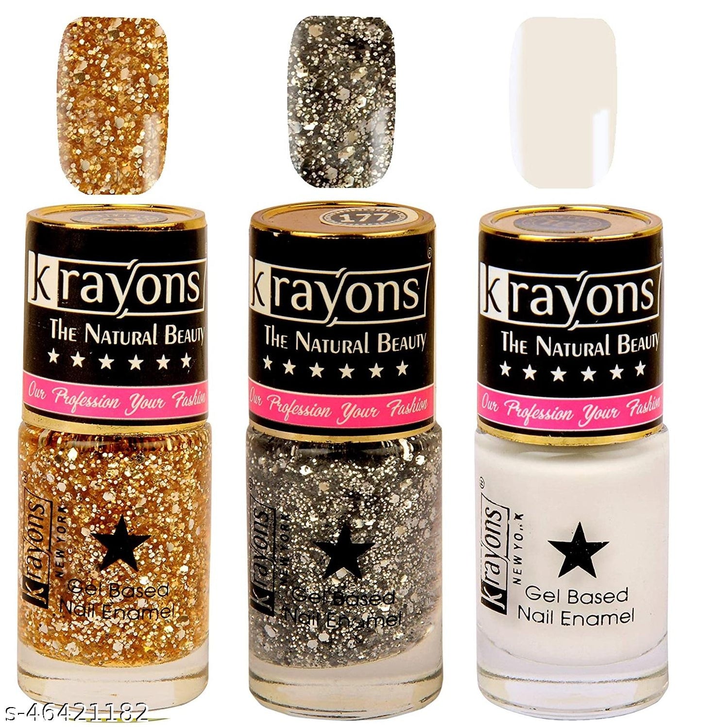 Krayons Gel Base Glossy Effect Nail Polish, Waterproof, Longlasting, Shimmer Golden, Shimmer Silver, White Canvas, 6ml Each (Pack of 3)