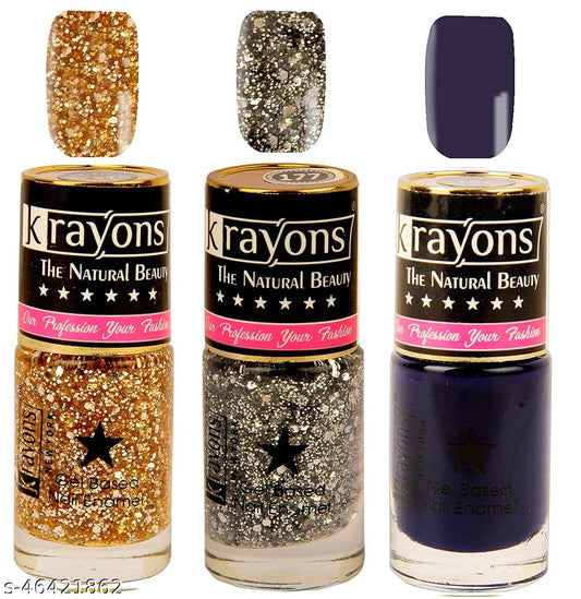 Krayons Gel Base Glossy Effect Nail Polish, Waterproof, Longlasting, Shimmer Golden, Shimmer Silver, Deep Blue, 6ml Each (Pack of 3)