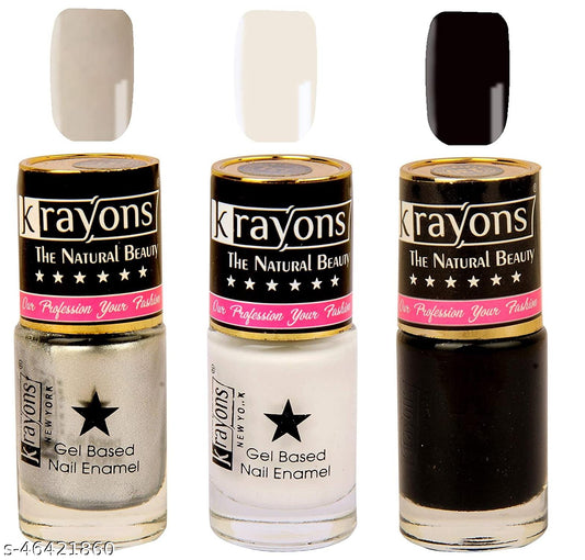 Krayons Gel Base Glossy Effect Nail Polish, Waterproof, Longlasting, Silver Grey, White Canvas, Black Sea, 6ml Each (Pack of 3)