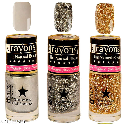 Krayons Gel Base Glossy Effect Nail Polish, Waterproof, Longlasting, Silver Grey, Shimmer Golden, Shimmer Silver, 6ml Each (Pack of 3)