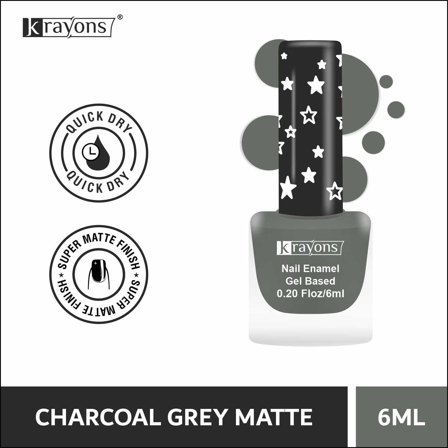 Krayons Cute Super Matte Finish Nail Enamel, Quick Dry, Smooth Finish, LongLasting, Charcoal Grey, 6ml