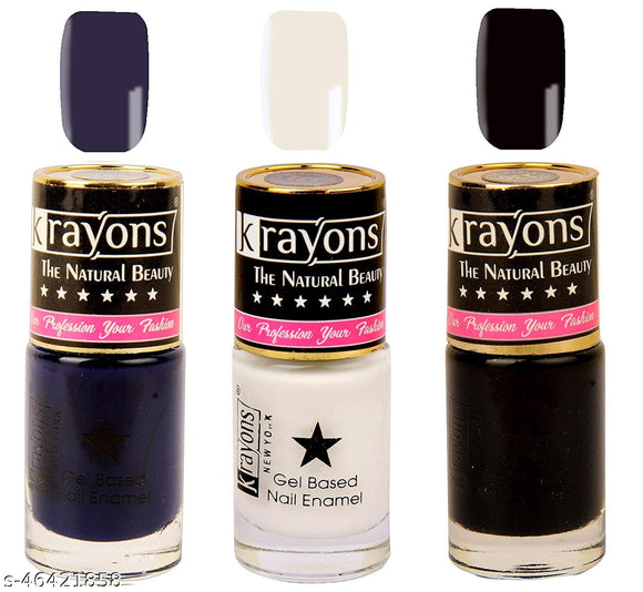 Krayons Gel Base Glossy Effect Nail Polish, Waterproof, Longlasting, Deep Blue, White Canvas, Black Sea, 6ml Each (Pack of 3)