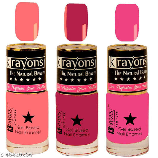 Krayons Gel Base Glossy Effect Nail Polish, Waterproof, Longlasting, Sunset Orange, Scarlet Red, Angel Pink, 6ml Each (Pack of 3)