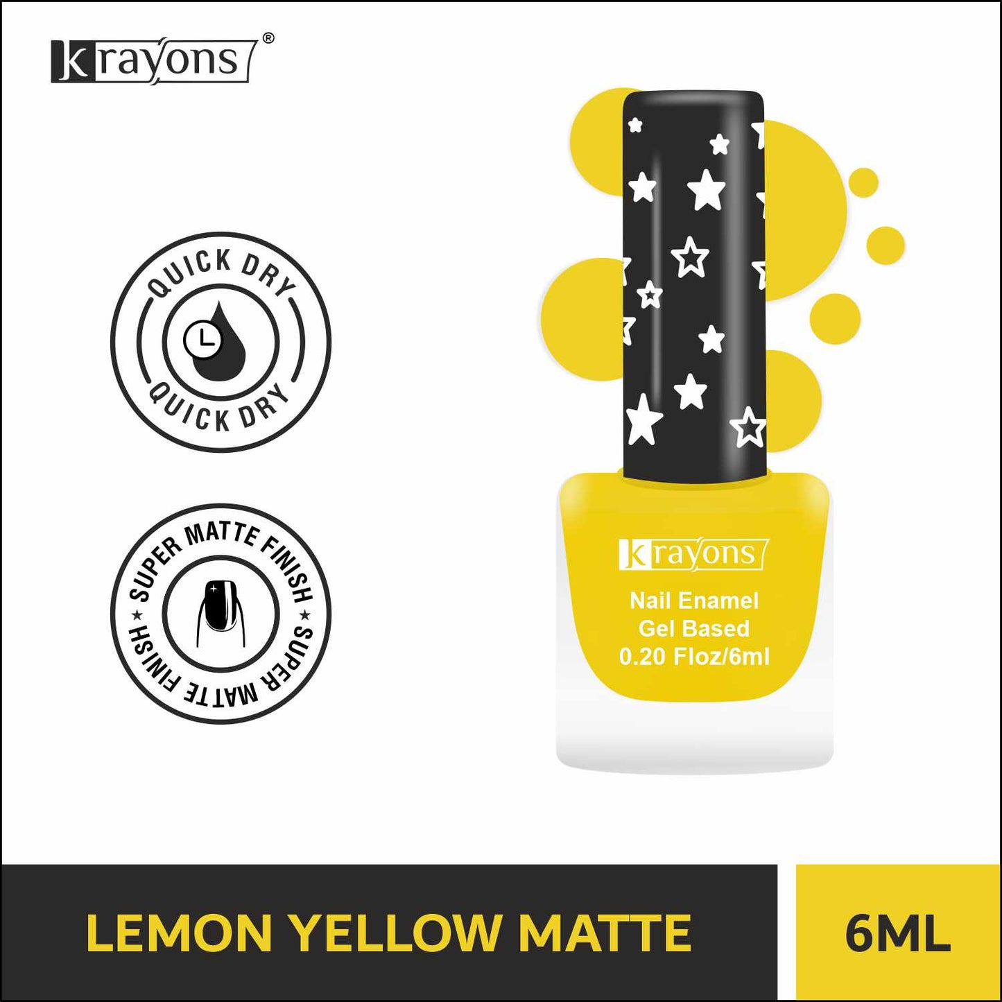 Krayons Cute Super Matte Finish Nail Enamel, Quick Dry, Smooth Finish, LongLasting, Lemon Yellow, 6ml