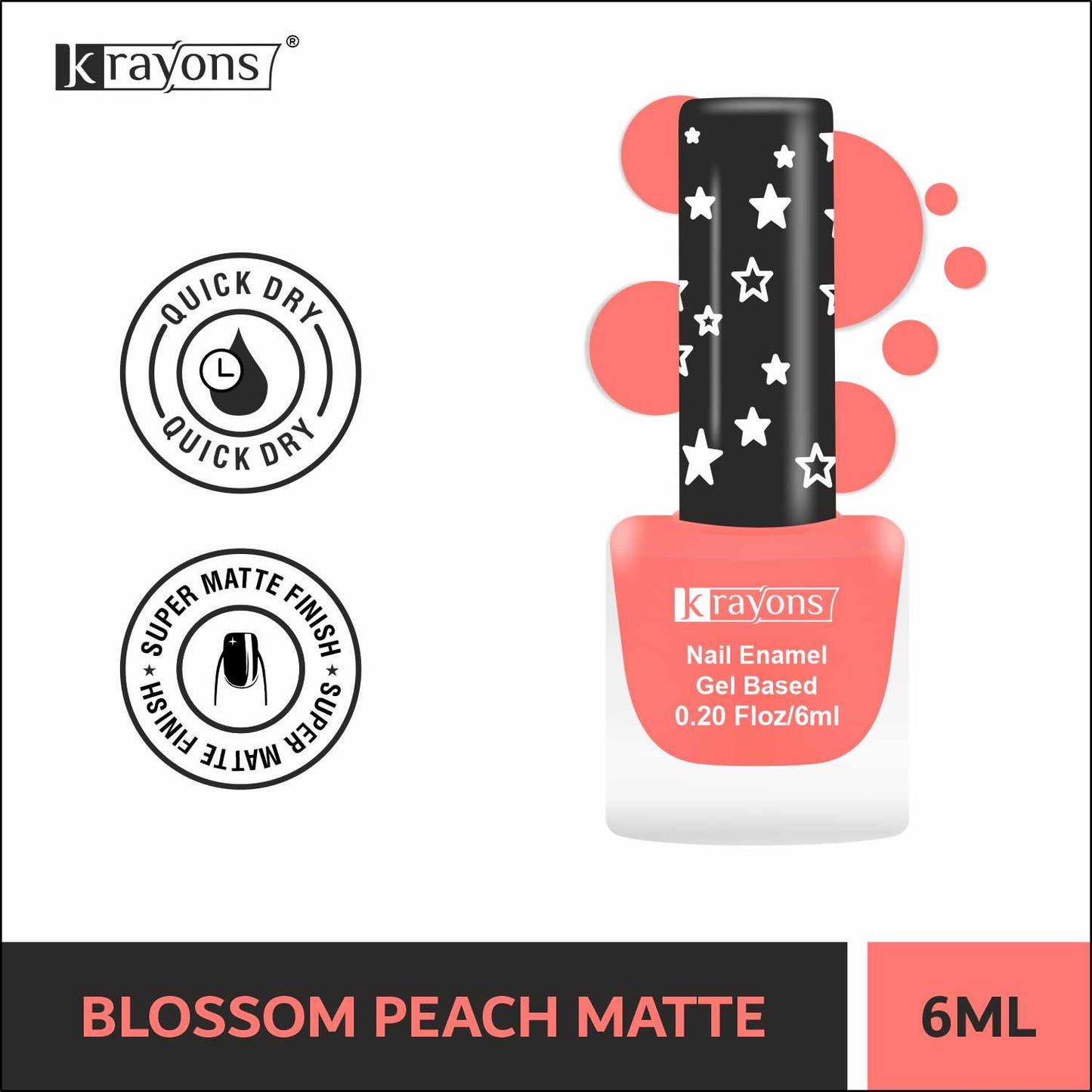 Krayons Cute Super Matte Finish Nail Enamel, Quick Dry, Smooth Finish, LongLasting, Blossom Peach, 6ml