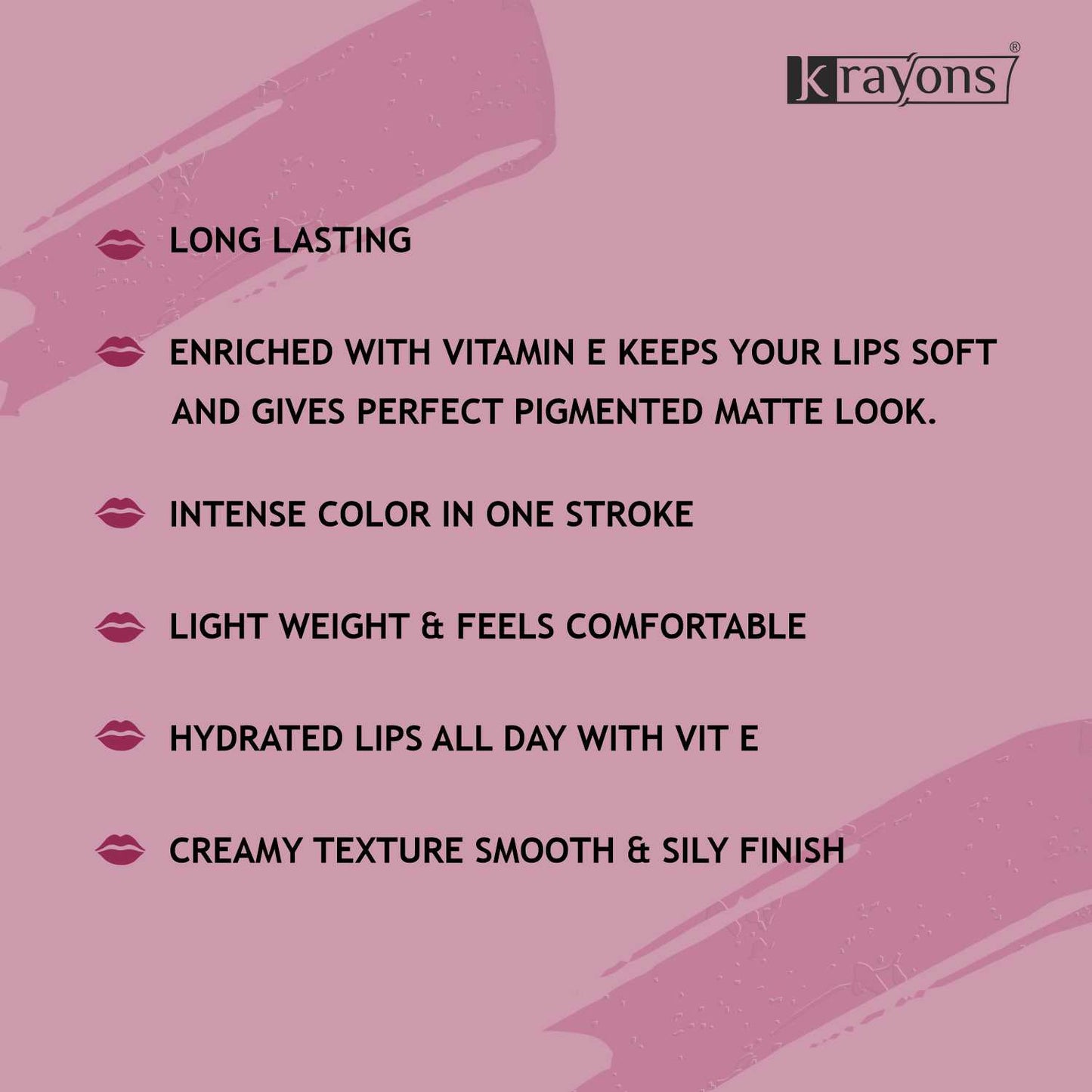 Krayons Intense Matte Lipstick, Creamy Finish, Waterproof, Longlasting, 3.5gm (Rose Red)