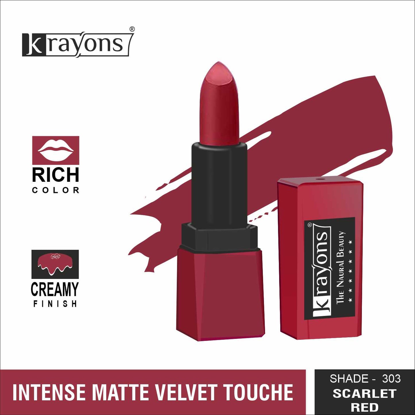Krayons Intense Matte Lipstick, Creamy Finish, Waterproof, Longlasting, 3.5gm (Scarlet Red)