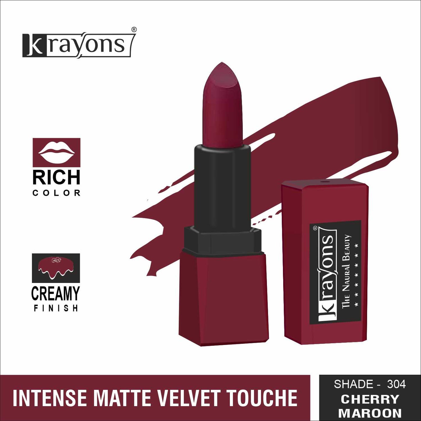 Krayons Intense Matte Lipstick, Creamy Finish, Waterproof, Longlasting, 3.5gm (Cherry Maroon)