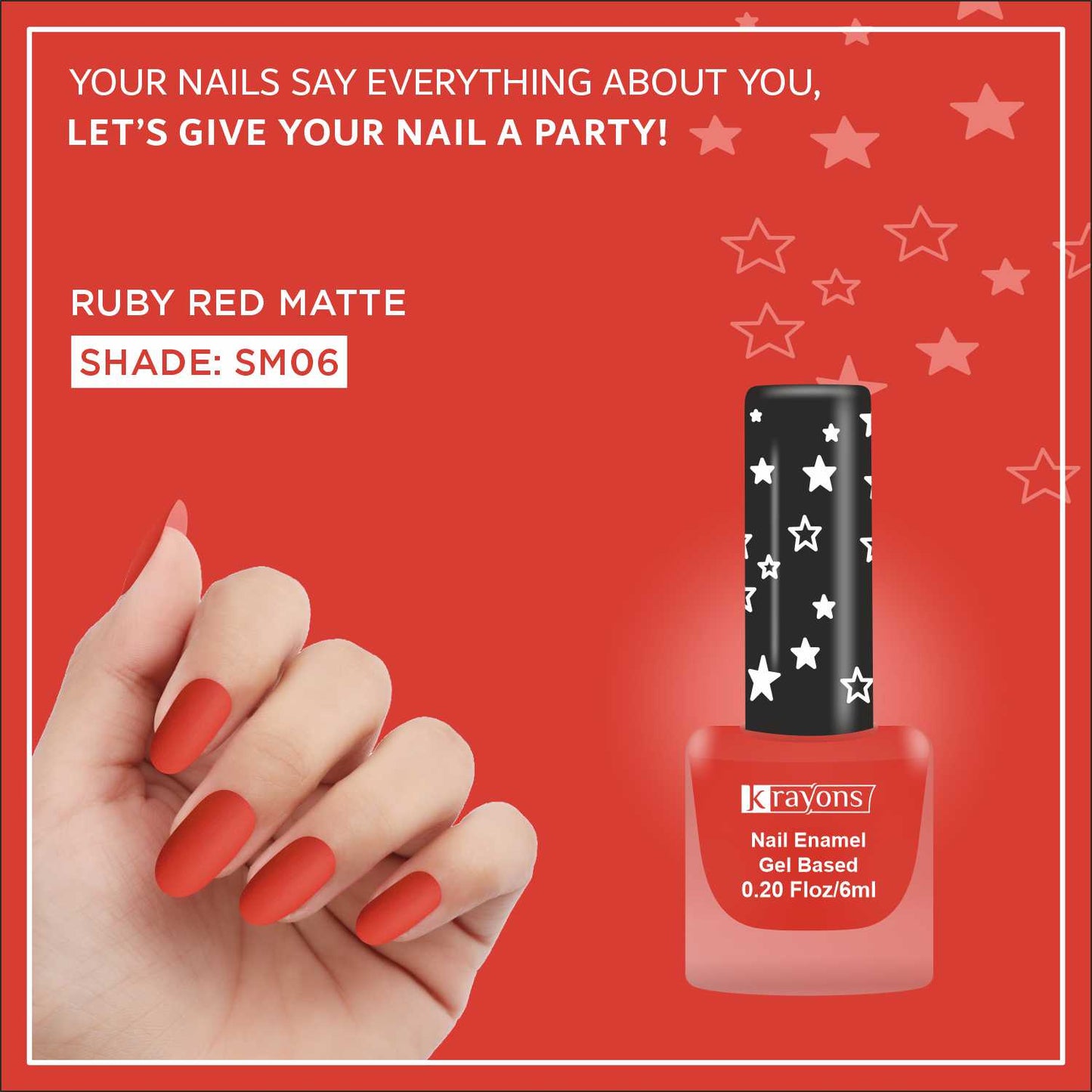 Krayons Cute Super Matte Finish Nail Enamel, Quick Dry, Smooth Finish, LongLasting, Ruby Red, 6ml